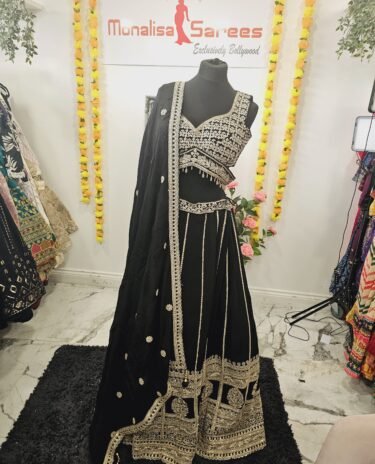 Black Sequins bead work crop top designer lehenga