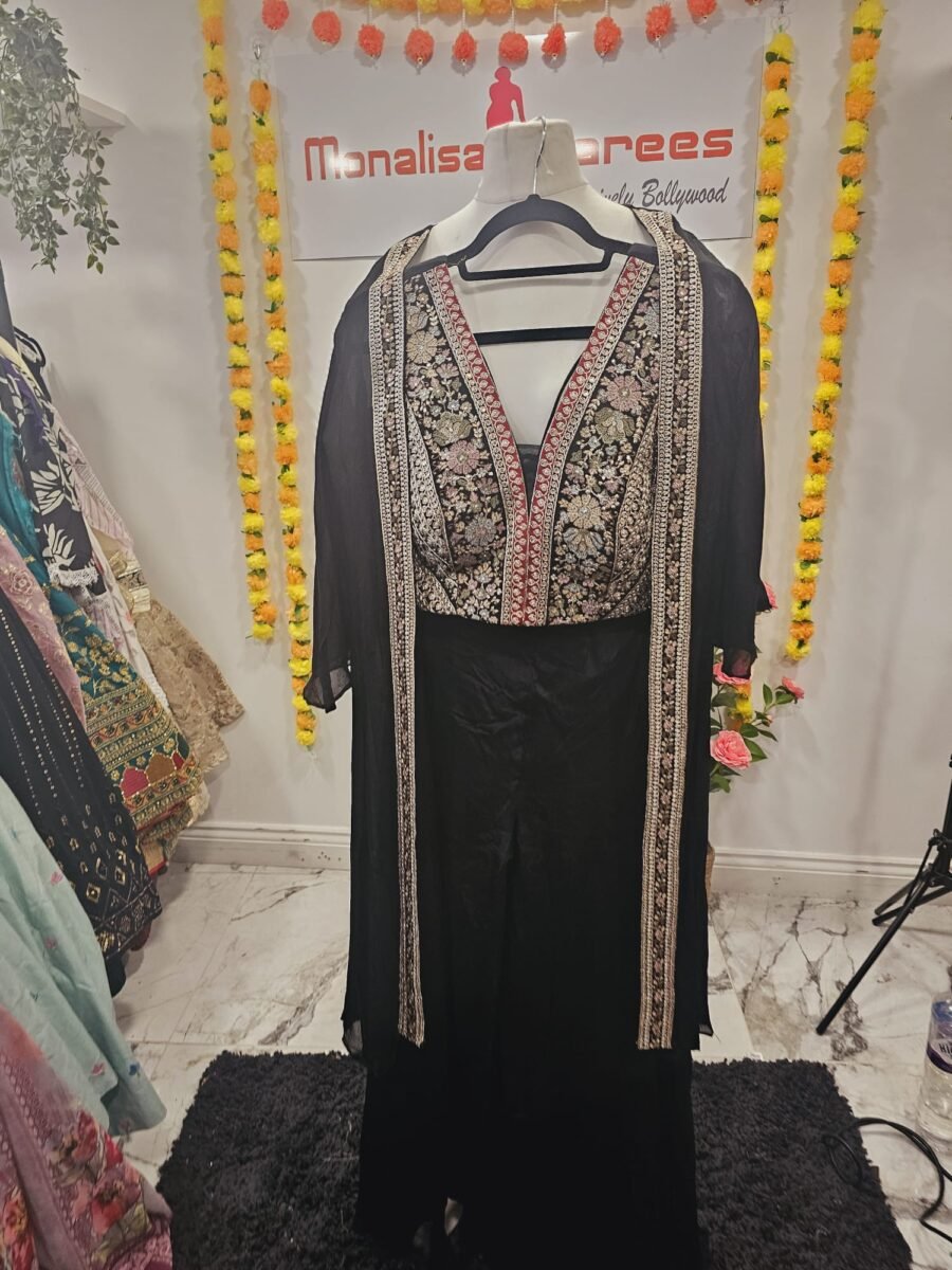 Black Embroidered Crop Top Dupatta & Palazzos Ethnic