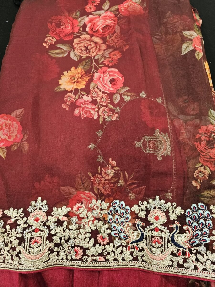 Red Colour With Digital Flower Print Embroidery Designer silk Saree