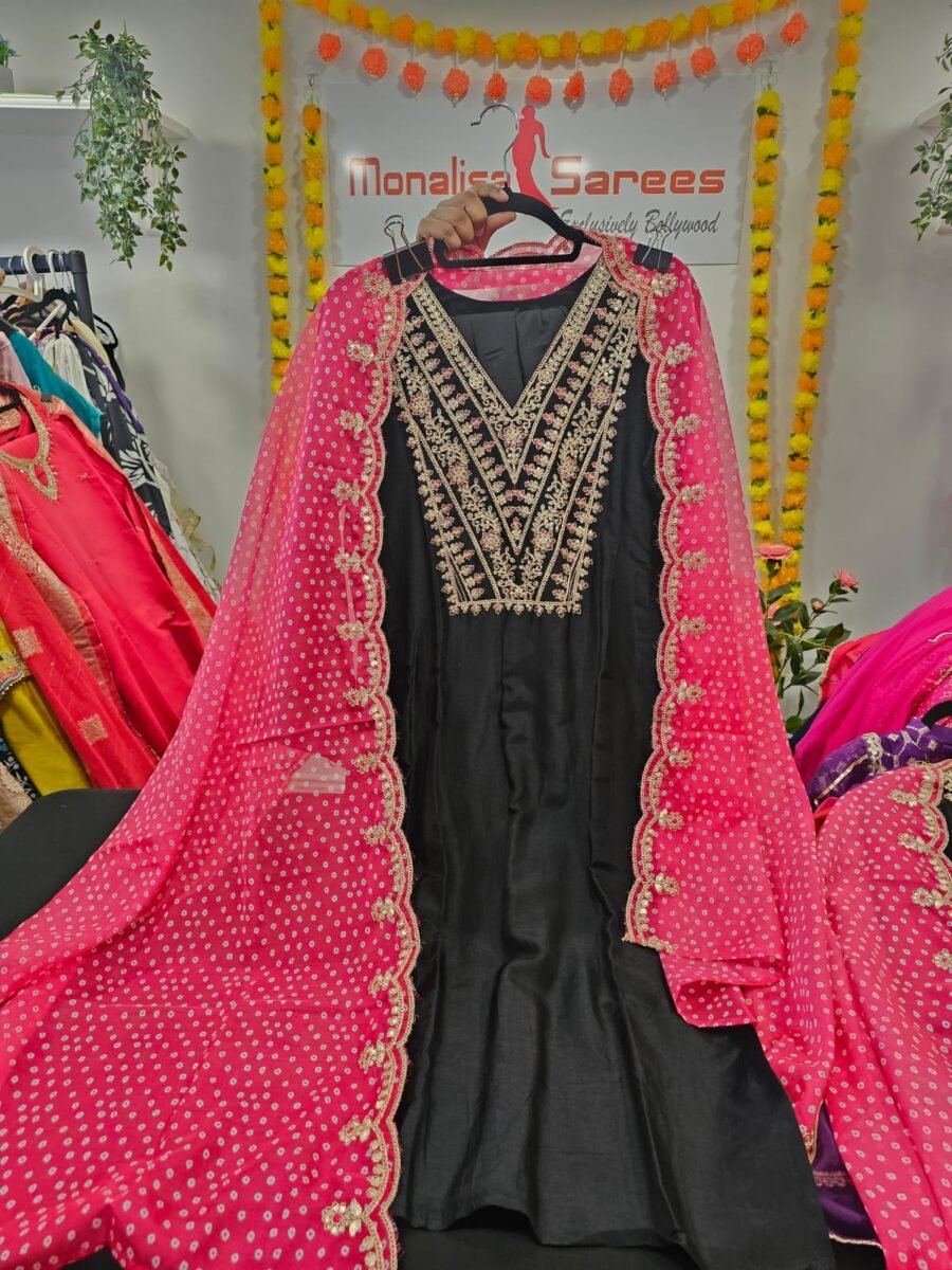 Black colour Georgette top with straight pants with Pink dupatta