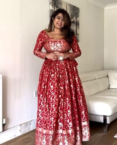 Red Digital Printed Brocade Silk Lehanga and blouse with net dupatta