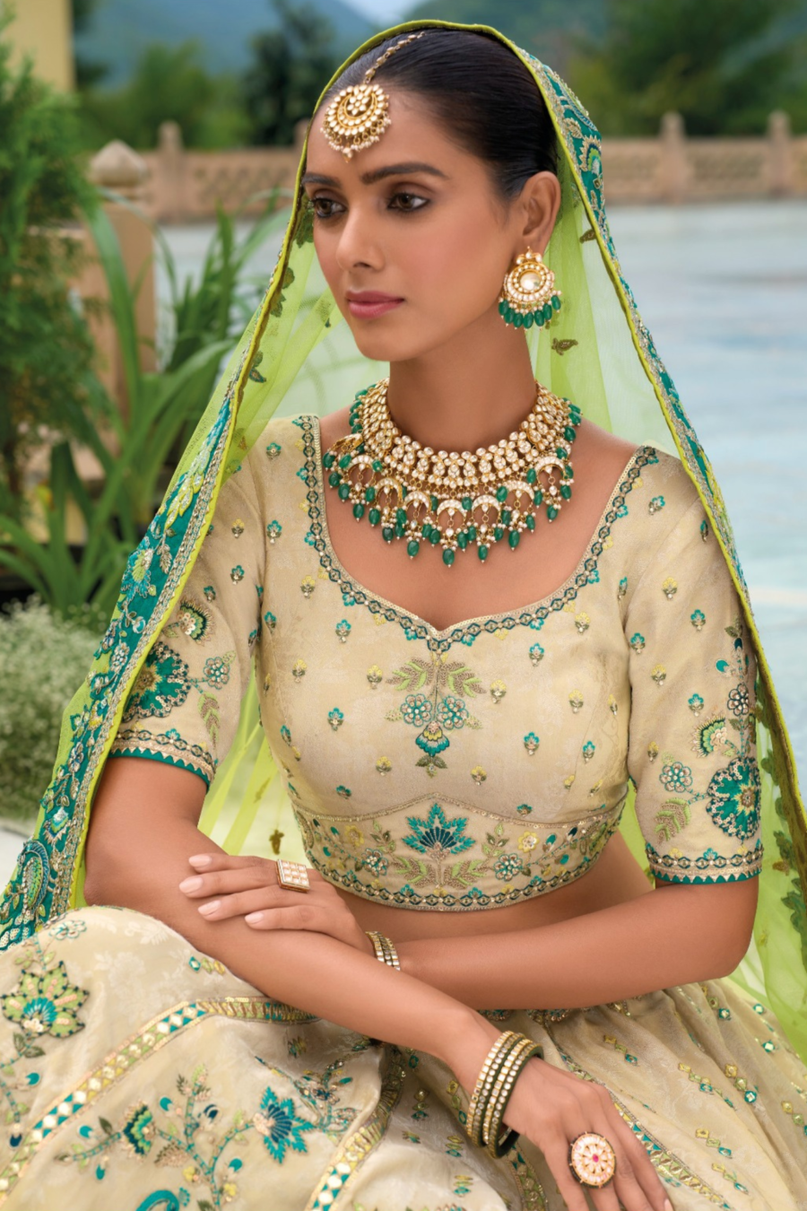 Cream and Green Colour Embroidered Sequins Silk Lehenga Set