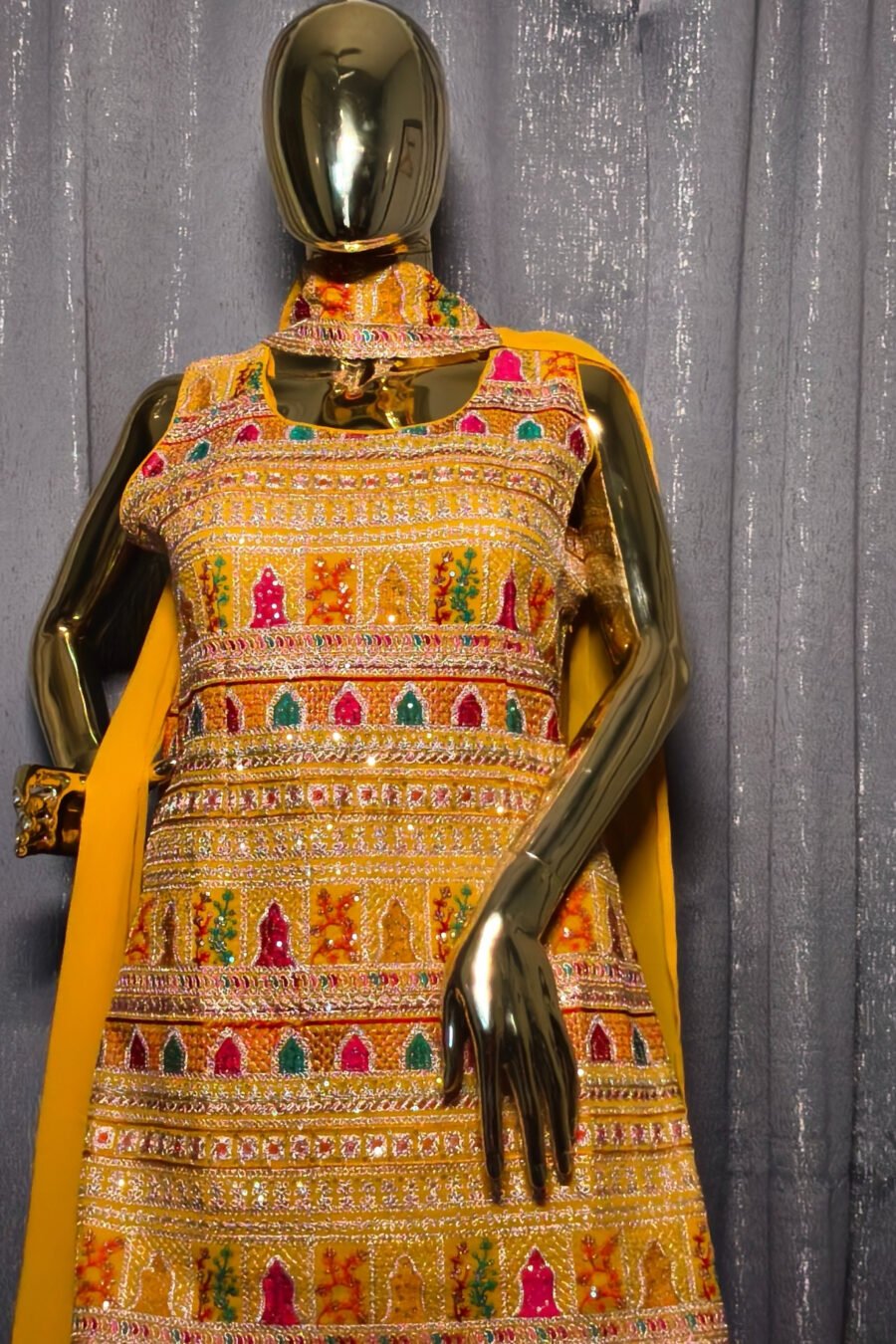 Yellow Colour Thread Embroidered Beautiful Kurta with Georgette Sharara and Dupatta