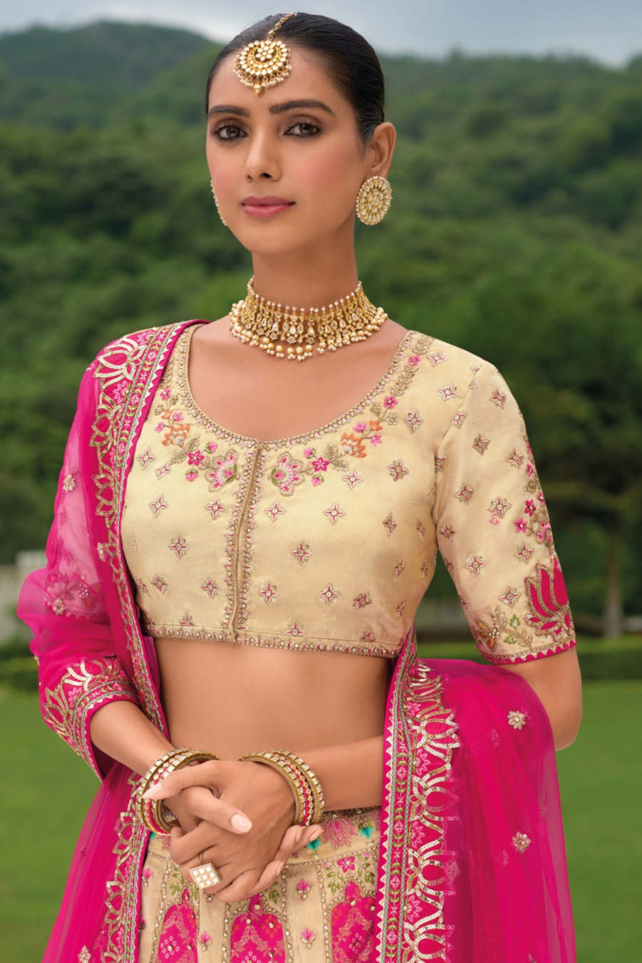 Pink Colour Embroidered Sequins Silk Lehenga Set