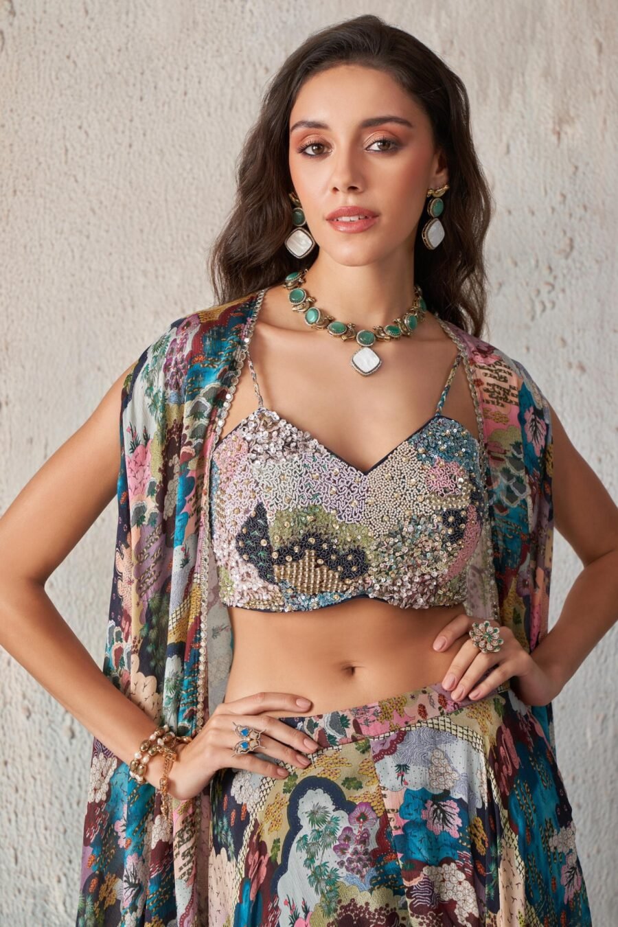 Digital Printed Art Silk Crop Top Set in Multicolor