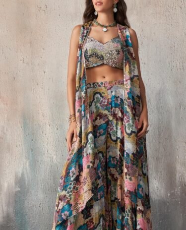 Digital Printed Art Silk Crop Top Set in Multicolor