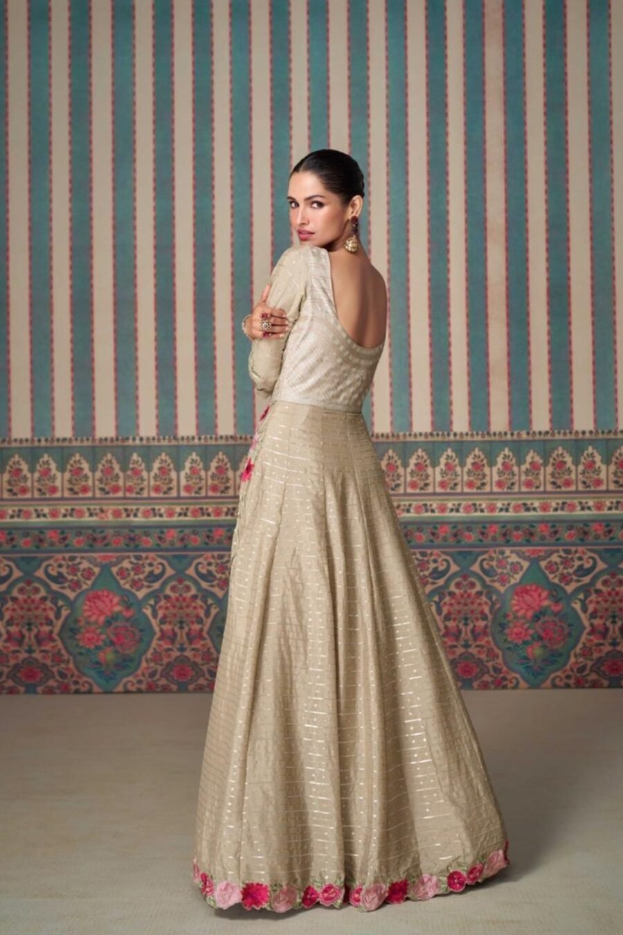 Beige Floral Embroidered Chinon Silk Anarkali Gown