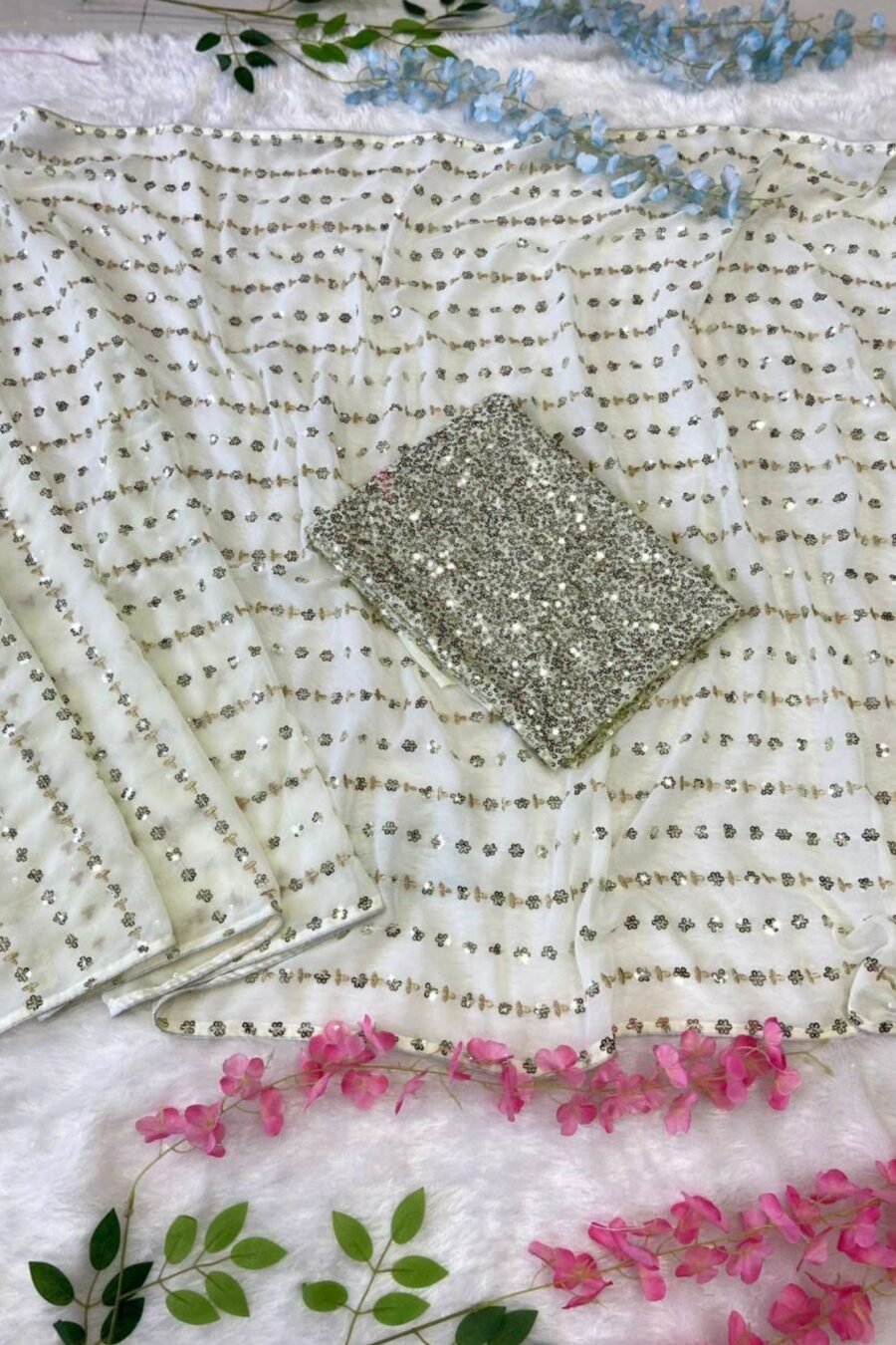 Cream Colour Premium Georgette Embellished With Beautiful , Zari , Embroidery, Sequins Work