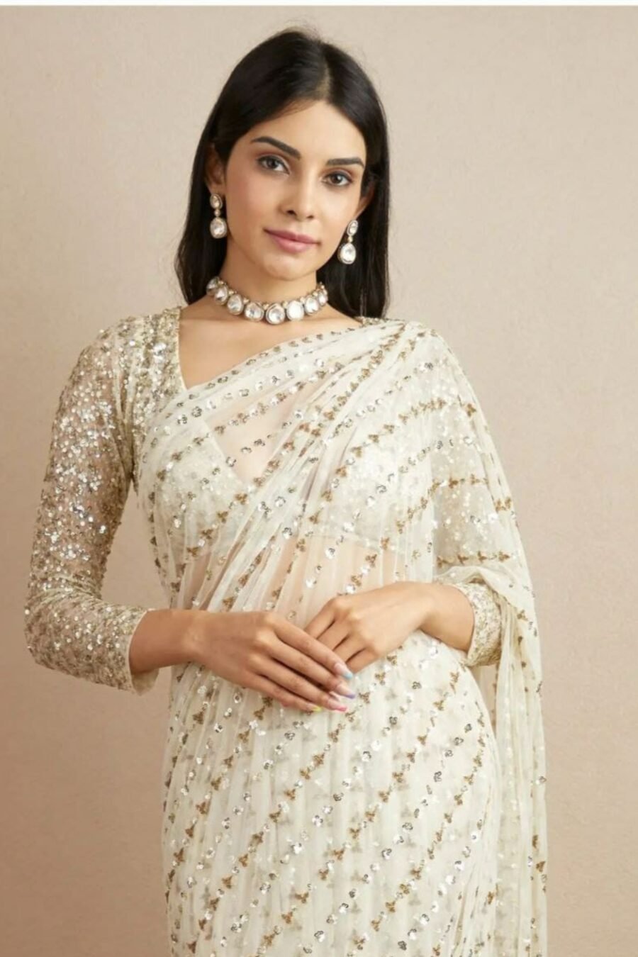 Cream Colour Premium Georgette Embellished With Beautiful , Zari , Embroidery, Sequins Work