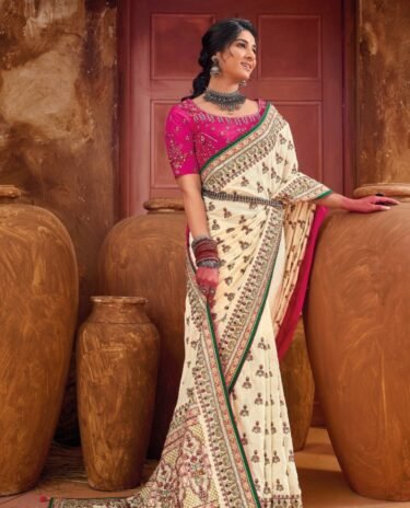 Pink & Cream Designer Kutchi Embroidered Soft Georgette Saree