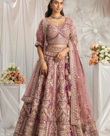 Rose Gold lehenga Embroidered  Golden Sequins,  Multi-Thread work