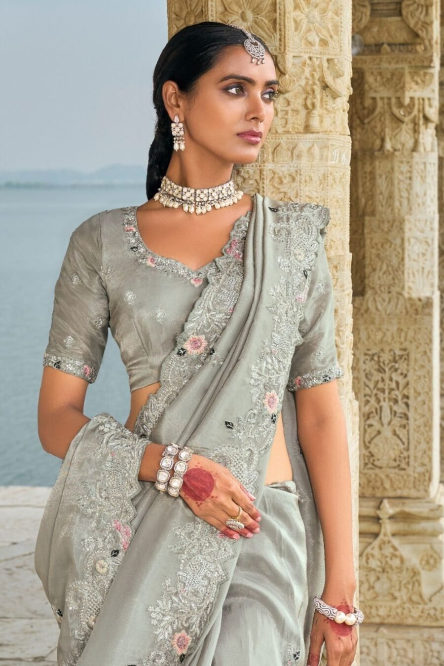 Light Grey Colour Embroidery Kanjivaram Silk Designer Traditional Saree