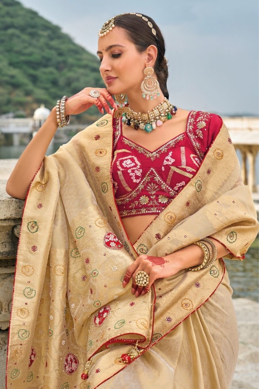 Beige Colour and red colour blouse  Embroidery Kanjivaram Silk Designer Traditional Saree