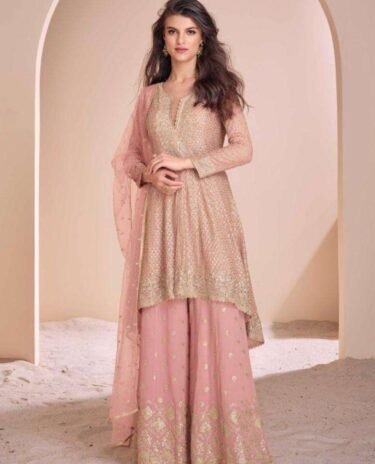 Salmon Pink Heavy Designer Georgette Embroidered Dresses