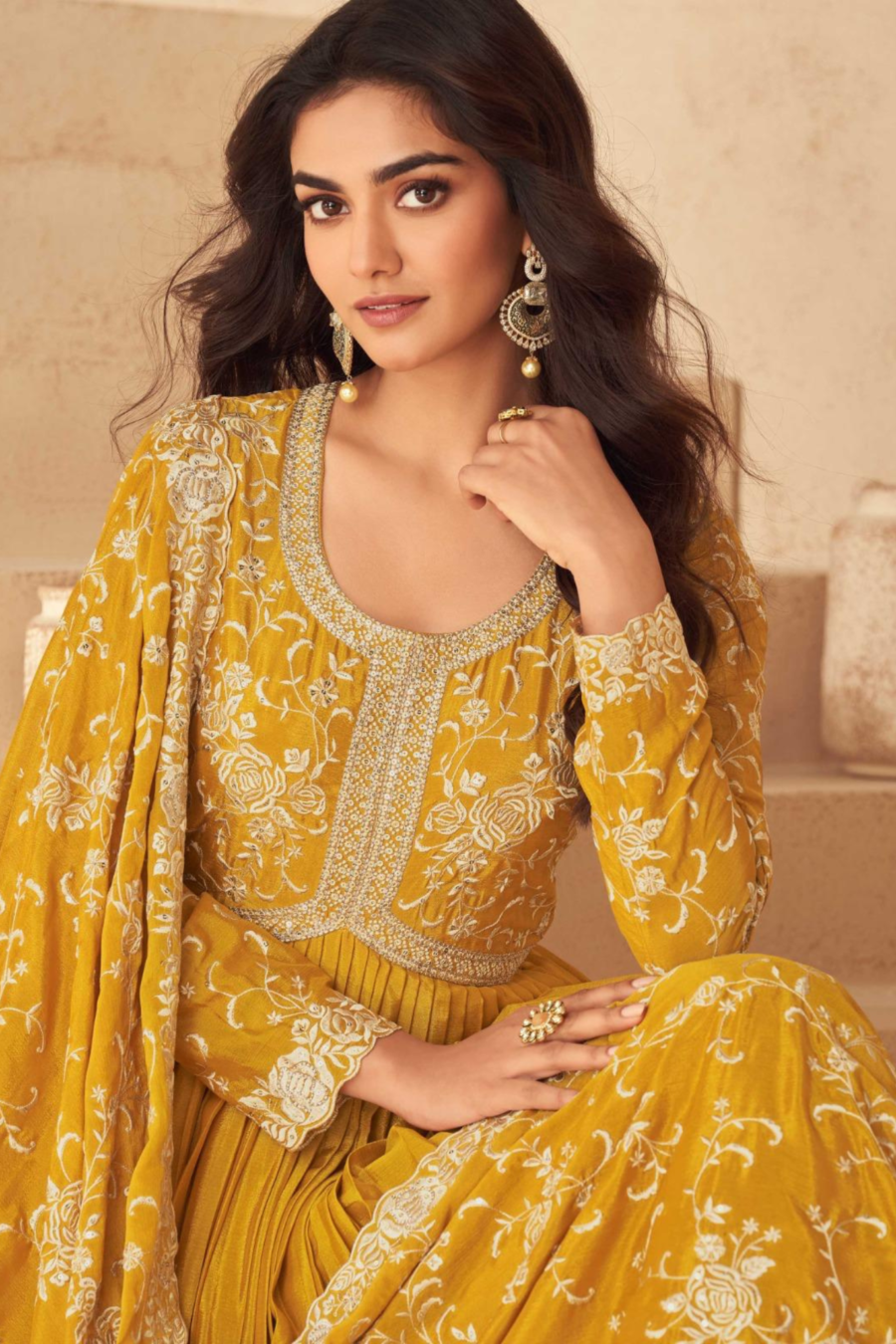 Yellow Chinon Silk Anarkali Suit with Dupatta