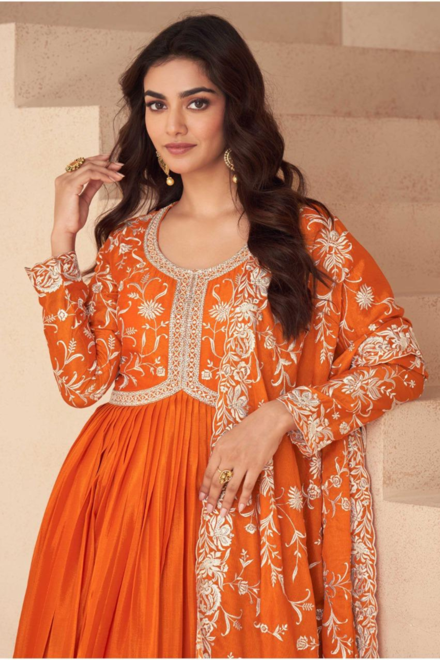 Orange Chinon Silk Anarkali Suit with Dupatta