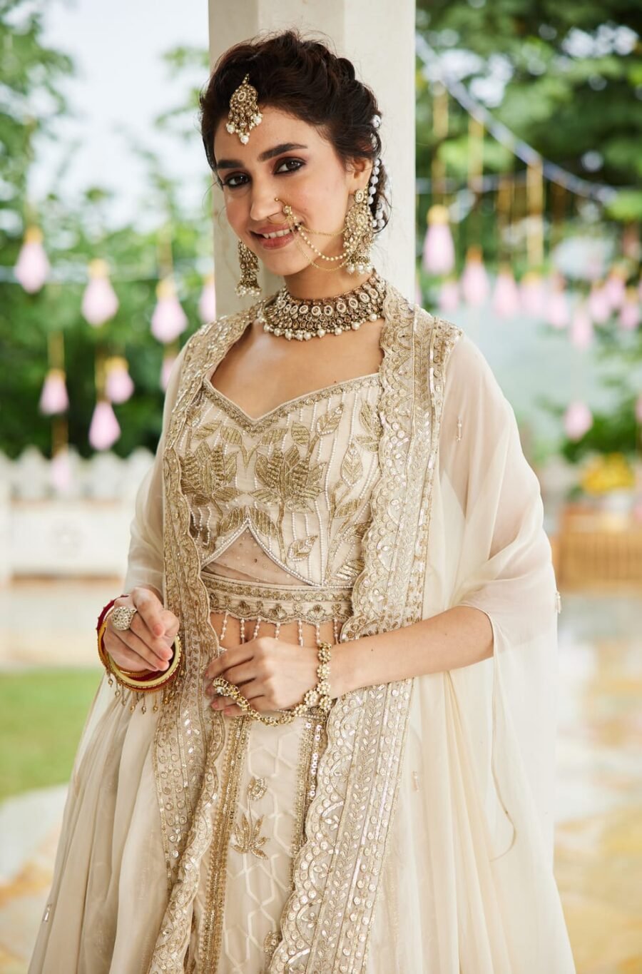 Ivory Colour Designer Bridal Lehenga with Moti Embroidery