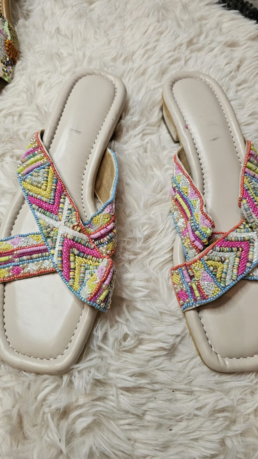 Multi Color white Embroidery Beaded Flat Slippers