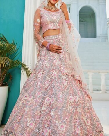 Pink colour Net Sequins & Embroidered Bridal Lehenga Choli
