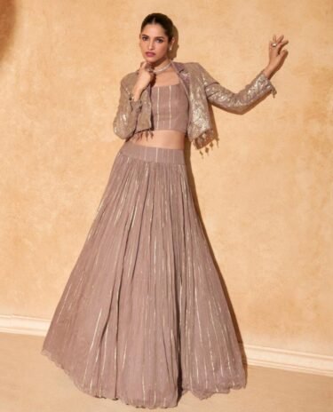 Light Brown Silk Embroidered Blouse with Viscos Lehanga front and back Work With Embroidered Dupatta