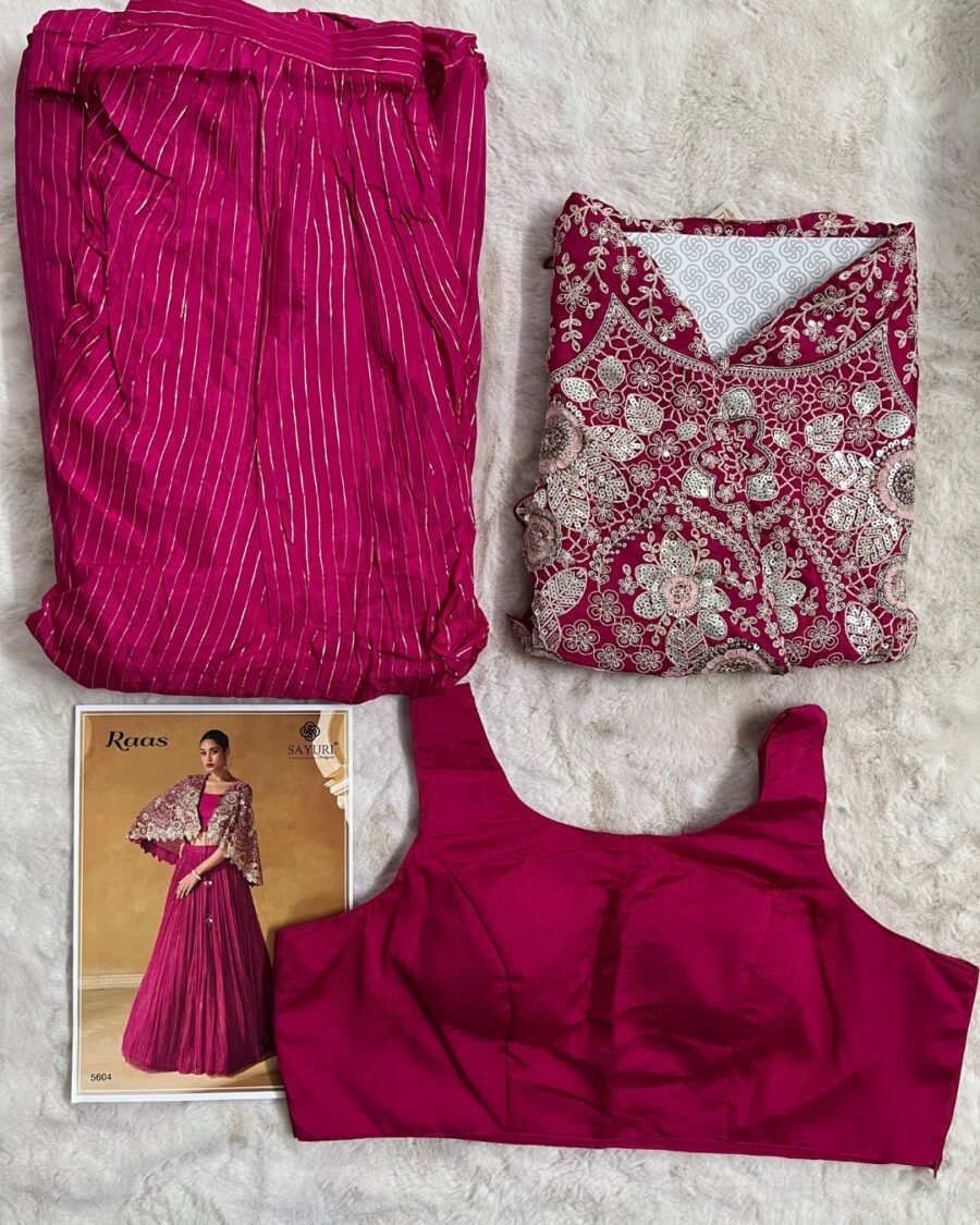 Dark Pink Silk Embroidered Blouse with Viscos Lehanga front and back Work With Embroidered Dupatta