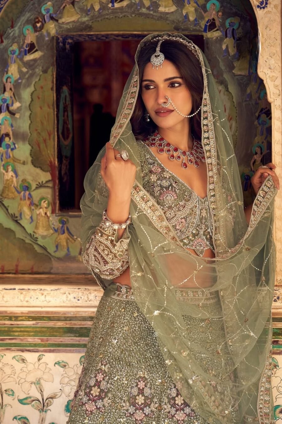 Sage Green Soft Net Bridal Lehenga with Sequins & Embroidery lehanga