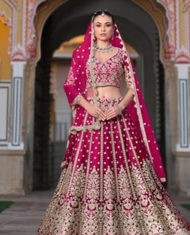 Dark Pink Pure Butterfly Net With Beautiful sequence Embroidery Lehanga