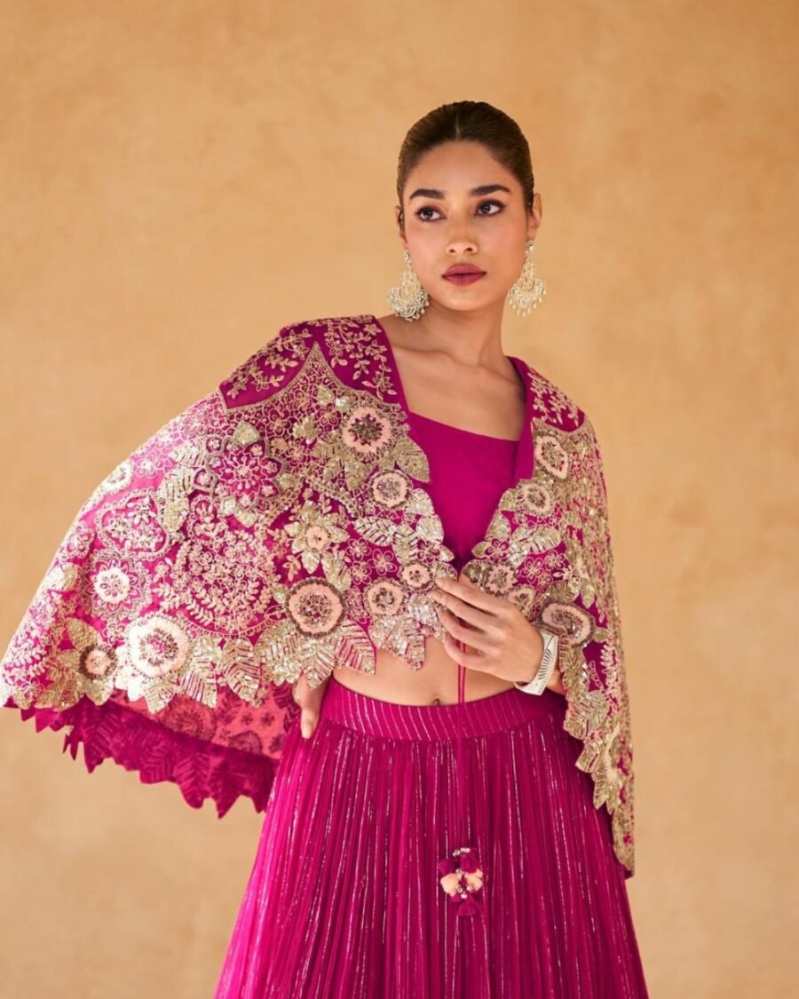 Dark Pink Silk Embroidered Blouse with Viscos Lehanga front and back Work With Embroidered Dupatta