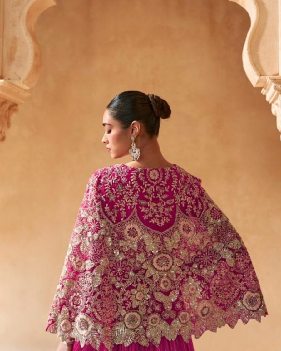 Dark Pink Silk Embroidered Blouse with Viscos Lehanga front and back Work With Embroidered Dupatta