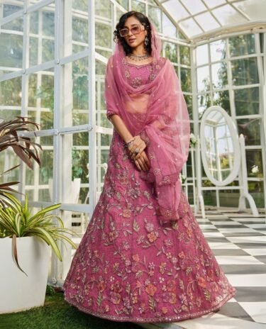 Pink soft colour Net Sequins & Embroidered Bridal Lehenga Choli
