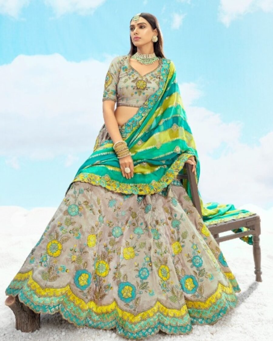 Parrot Green Embroidered thread work lehenga set