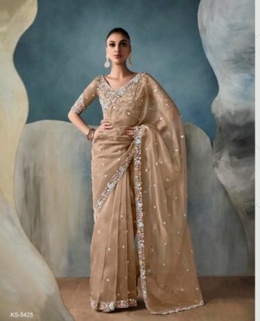 Beige colour  Tissue Contemporary Saree Wedding Wear Beads Work Saree With Blouse