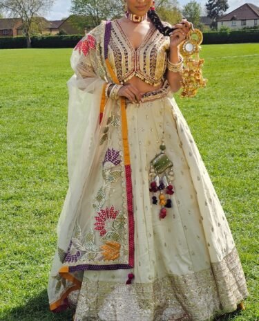 Ivory Designer full choli Embroidery Tissue Silk Lehenga Set
