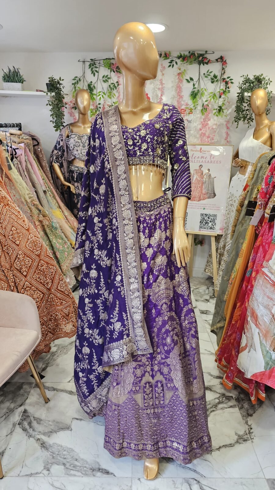 Regal Violet Zari Embroidered  with banarasi print Lehenga Set