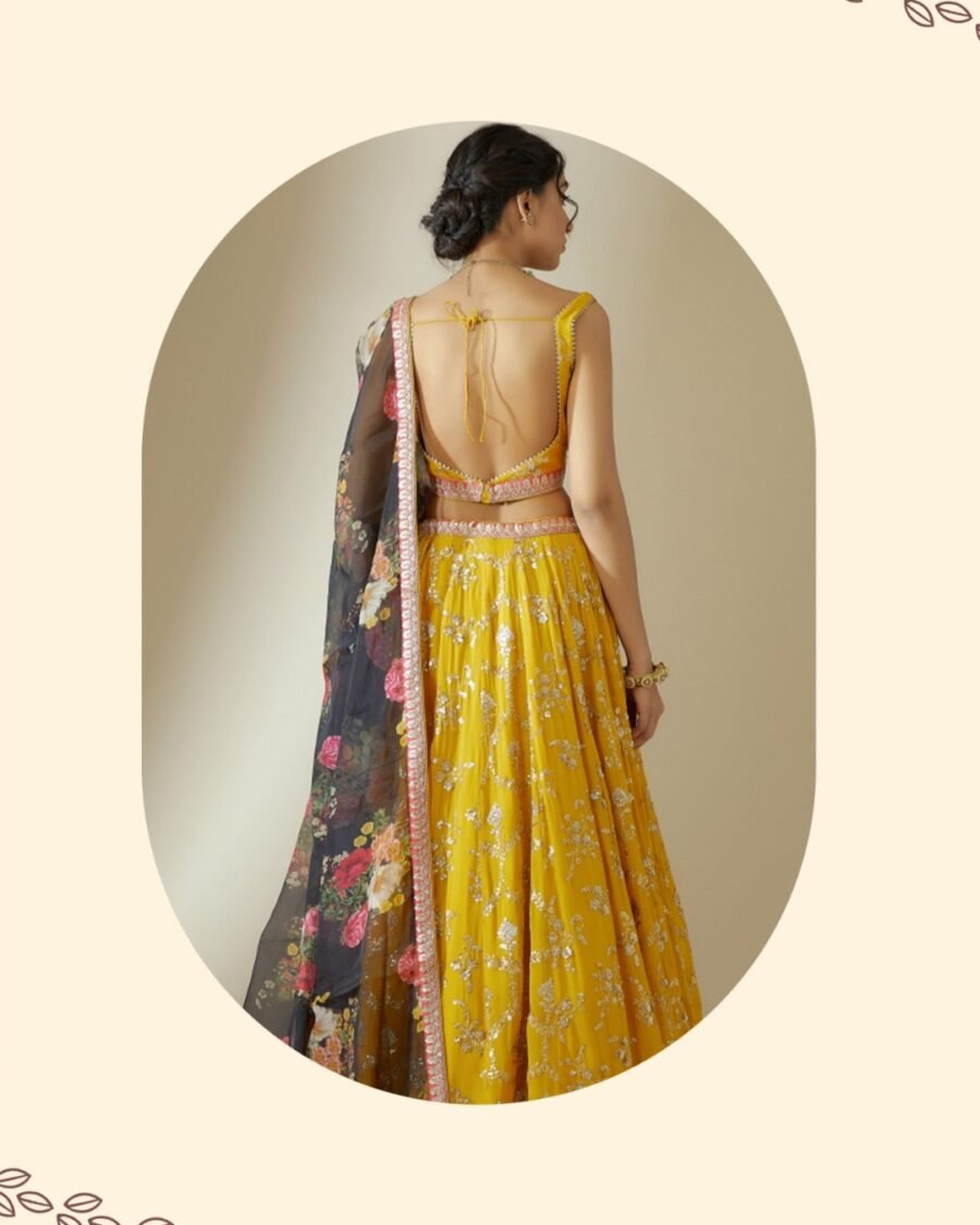 Yellow & Black Floral Summer Festive & wedding Style Embroidered Lehenga Choli