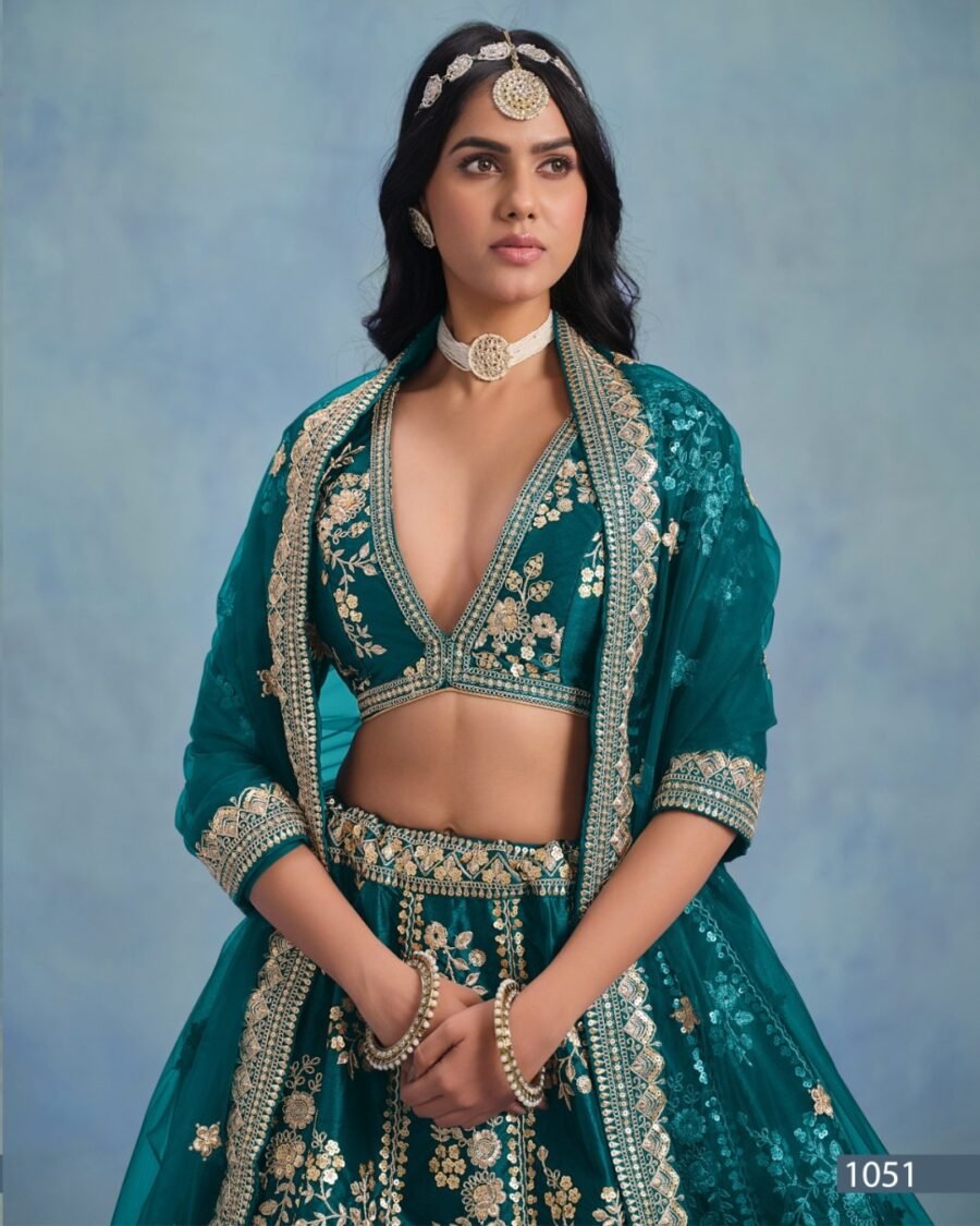 Dark Green Silk With Heavy Thread & Sequins Work Lehenga & Blouse with Duppata