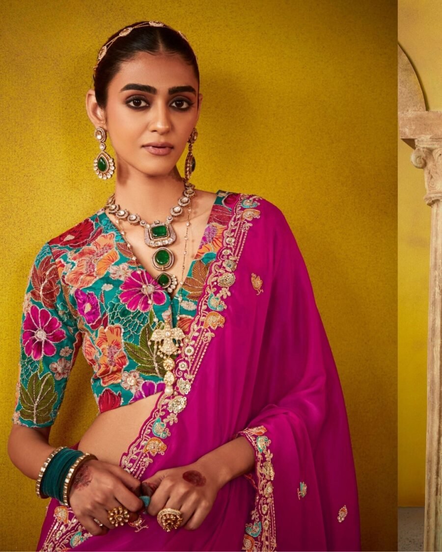 Magenta Colour Georgette Saree Embroidered Wedding Wear With Blouse