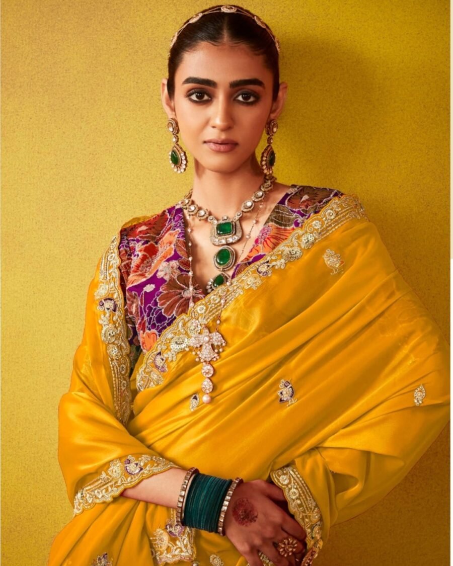 Yellow  Colour Georgette Saree Embroidered Wedding Wear With Blouse