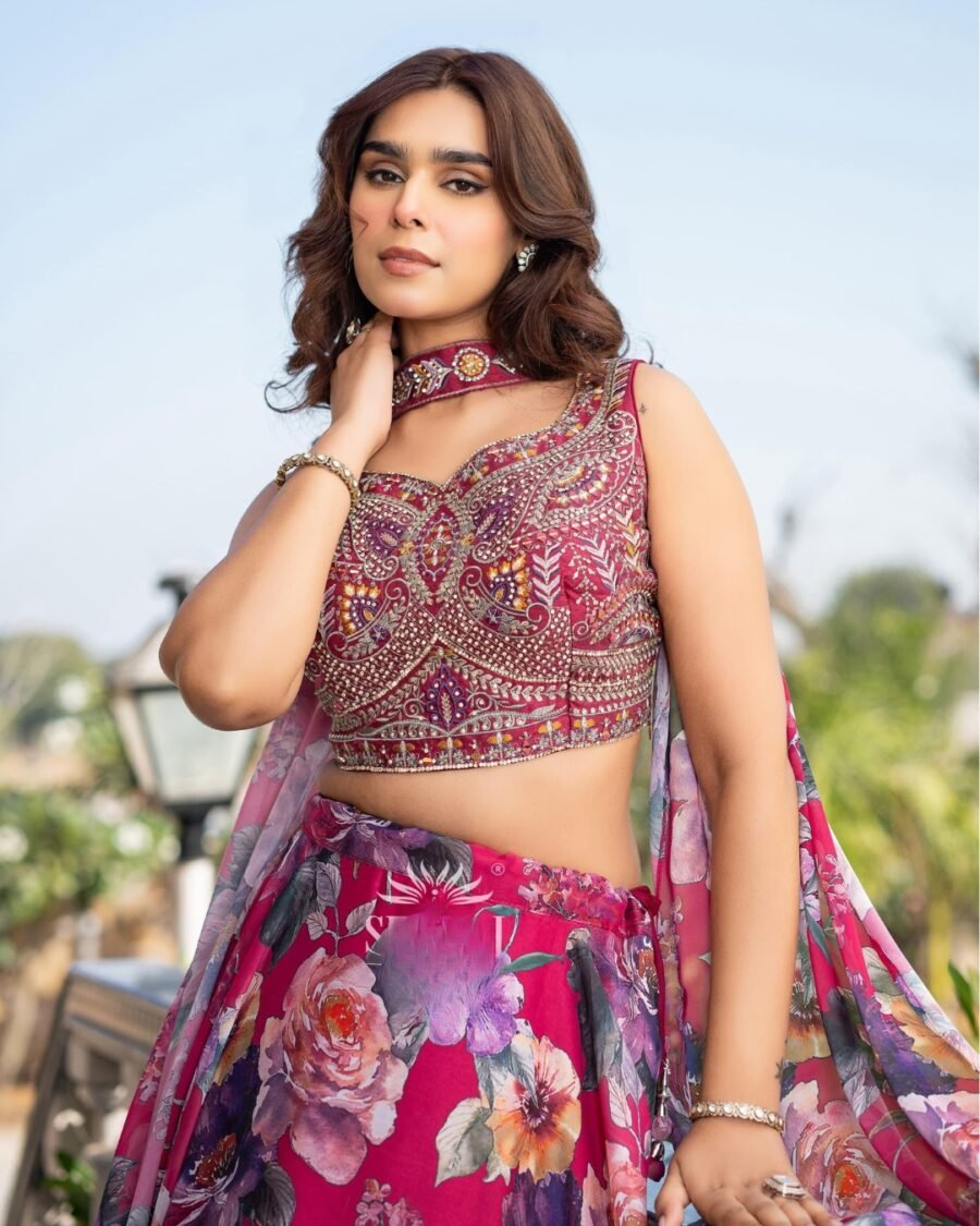 Pink Colour  Printed blouse with white lehenga & Dupatta