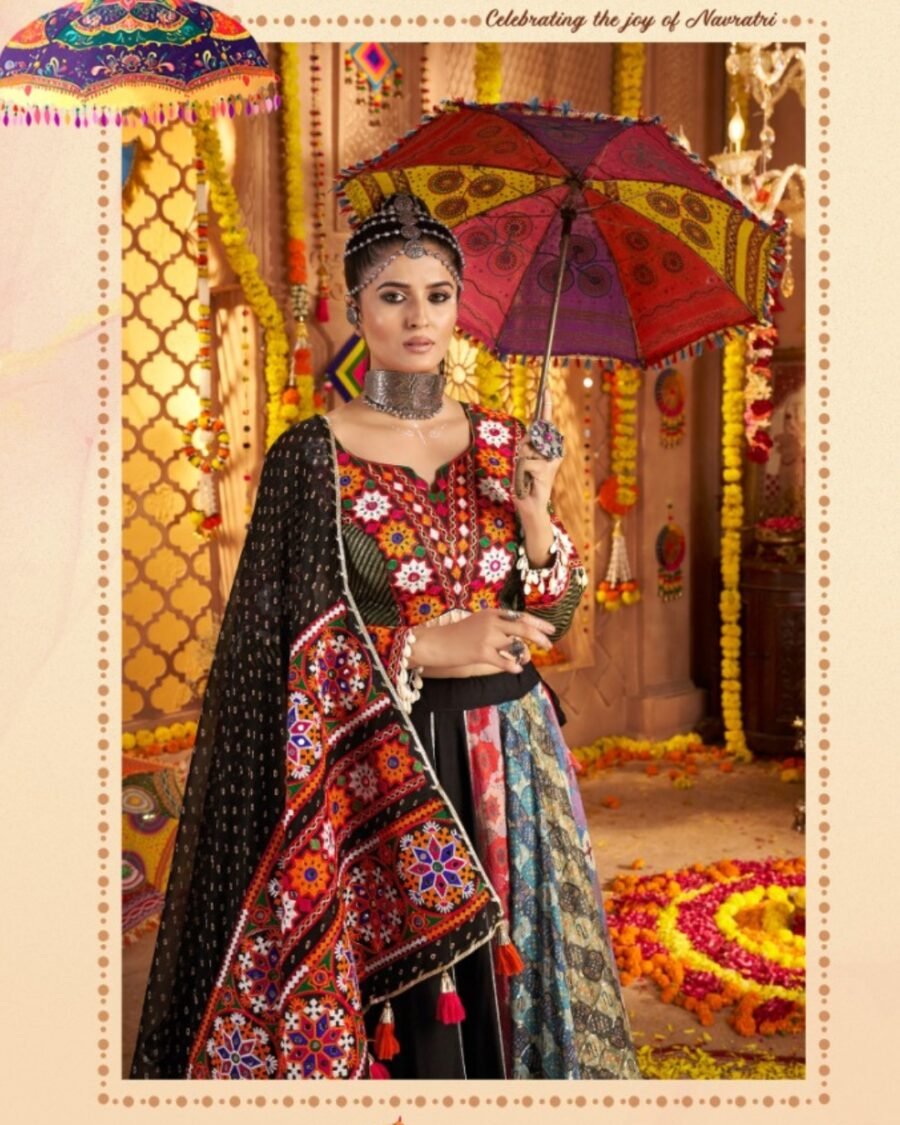 Black &  Multi Colour Thread Embroidered & Gota patti Work Navratri Choli