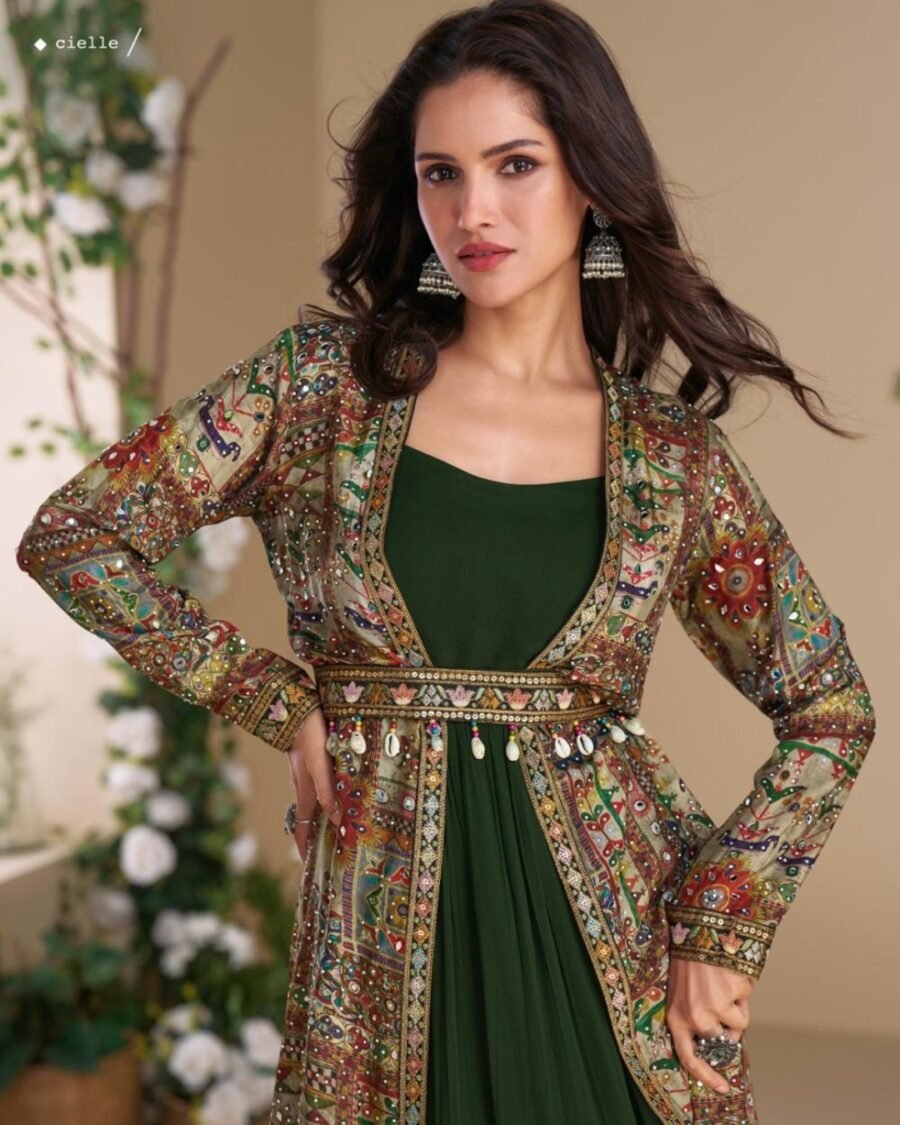Printed Dark Green Silk Hand Embellished Work Indo western Shurg Wedding Wear