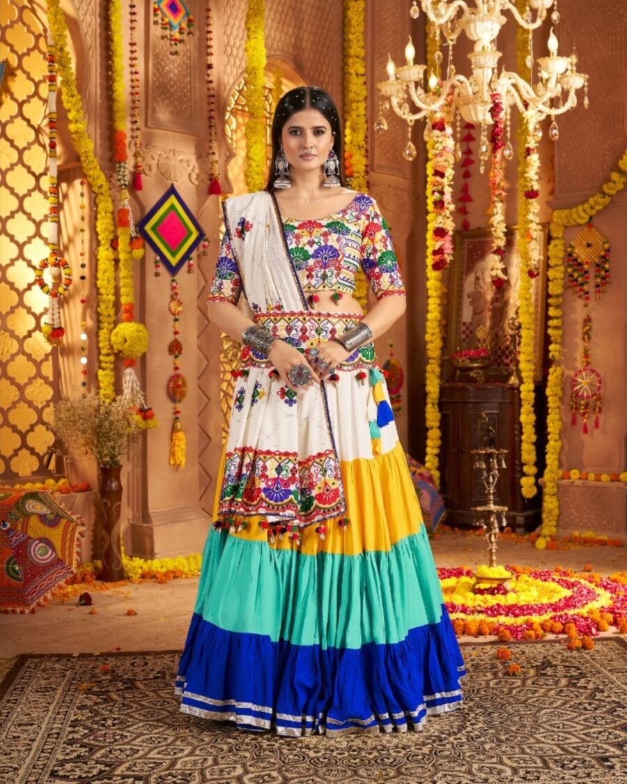 Double shaded white & Blue Colour Thread Embroidered & Gota patti Work Navratri Choli