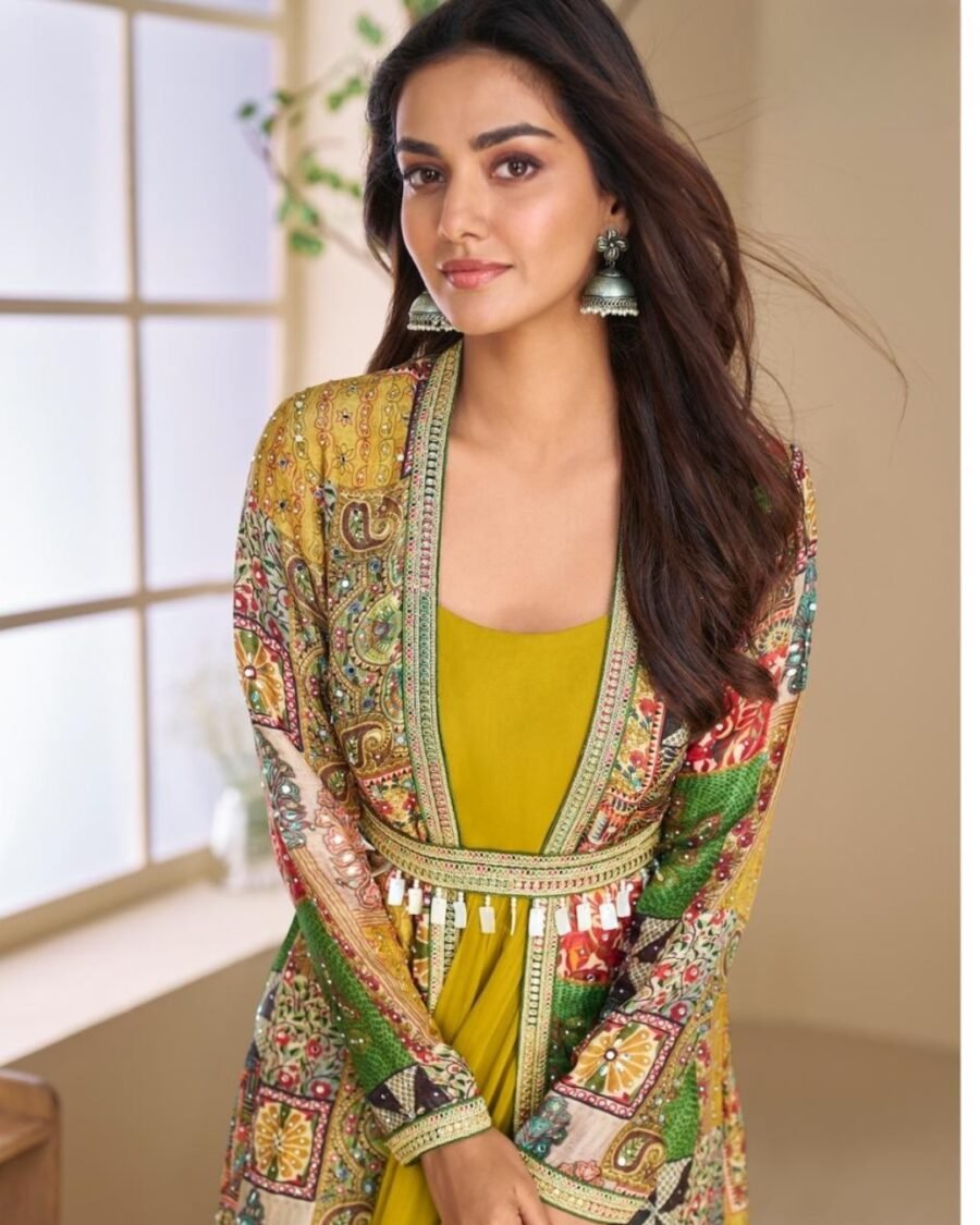Printed Yellow Silk Hand Embellished Work Indo western Shurg Wedding Wear