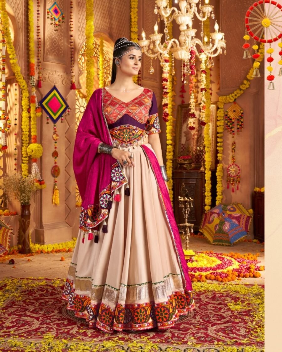 Cream & pink Multi  Thread Embroidered & Gota patti Work Navratri Choli