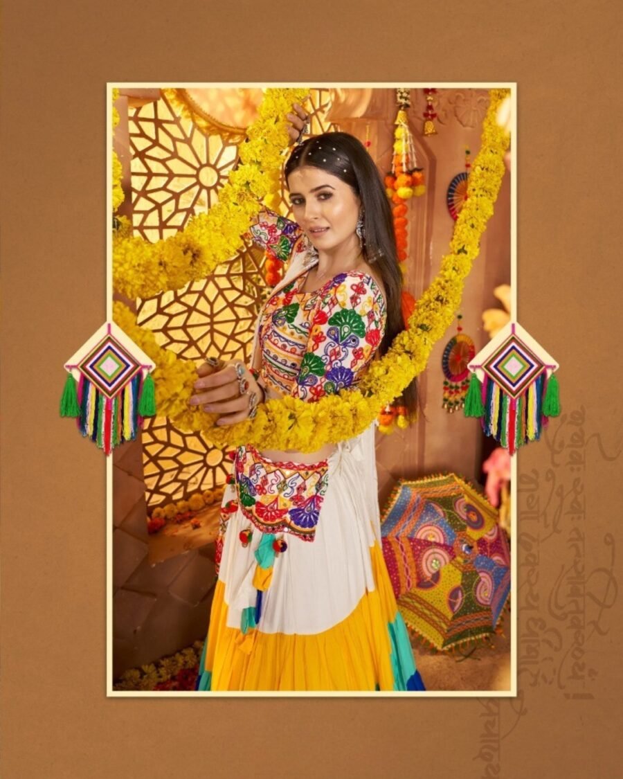 Double shaded white & Blue Colour Thread Embroidered & Gota patti Work Navratri Choli