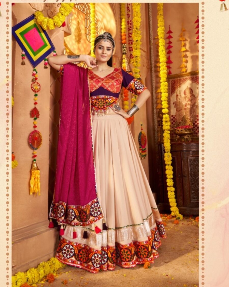 Cream & pink Multi  Thread Embroidered & Gota patti Work Navratri Choli