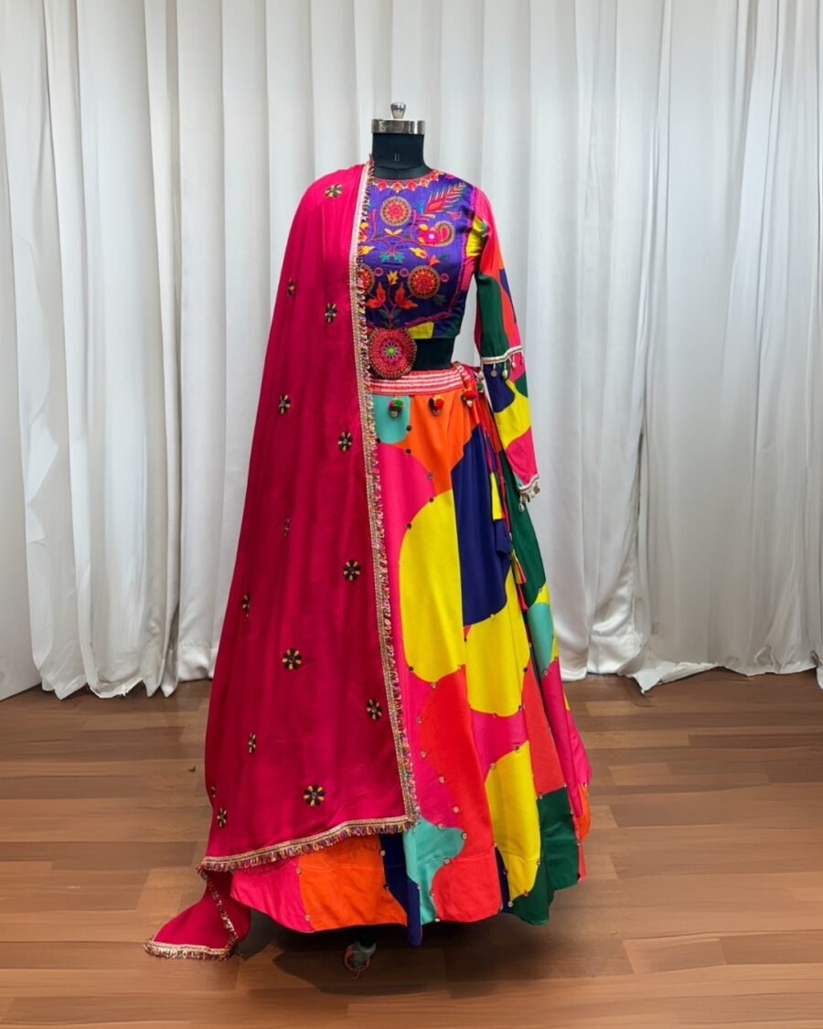 Multi Colour Printed Dark Blue  Blouse & Lehenga  Thread Embroidered & Gota patti Work Navratri Choli