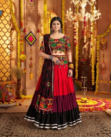 Multi colour Red & Black  Colour Thread Embroidered & Gota patti Work Navratri Choli