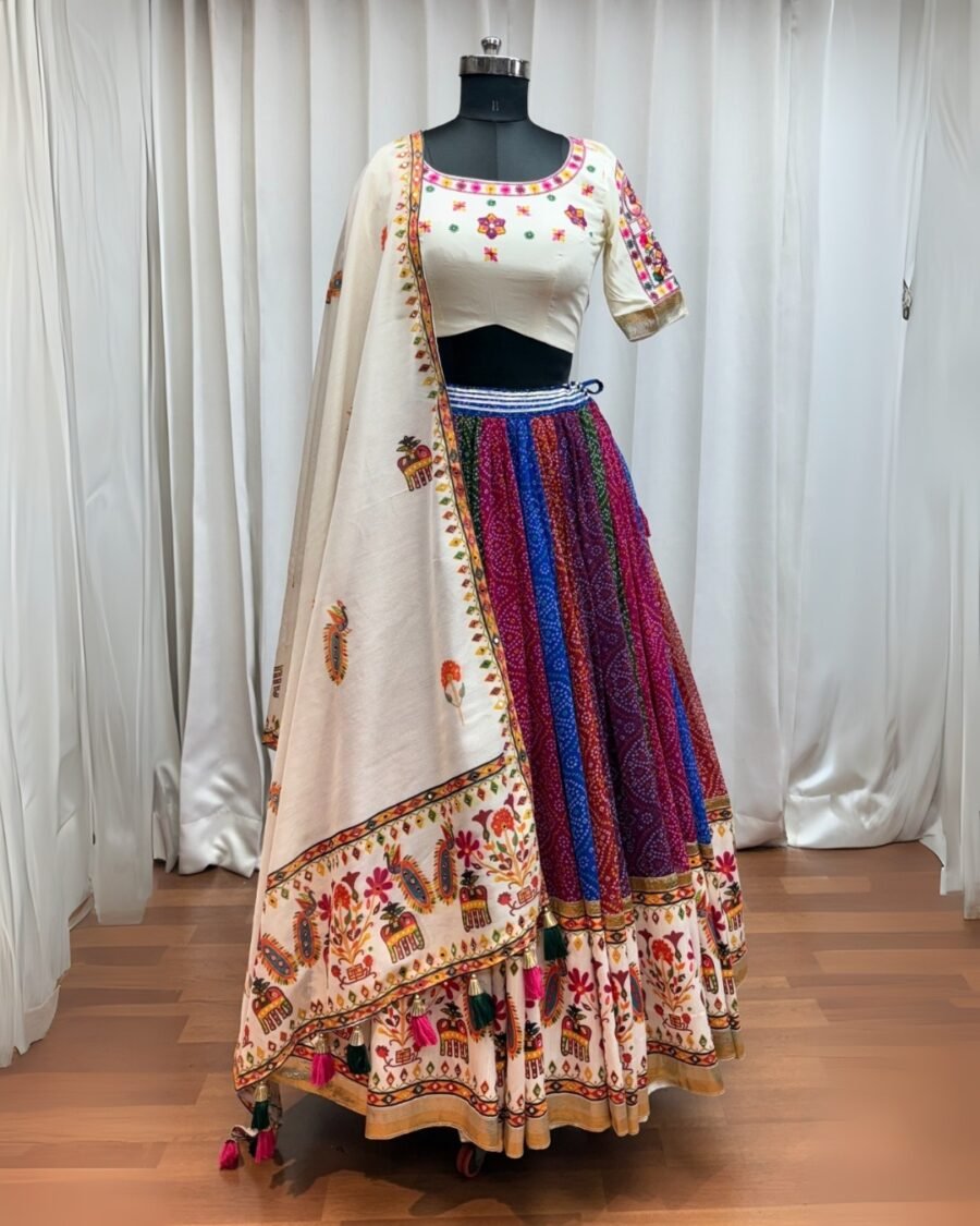 Multi Colour Shaded White Colour Blouse Thread Embroidered & Gota patti Work Navratri Choli