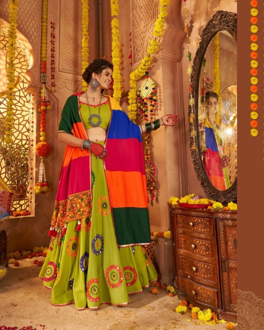 Vibrant Green Colour Thread Embroidered & Gota patti Work Navratri Choli